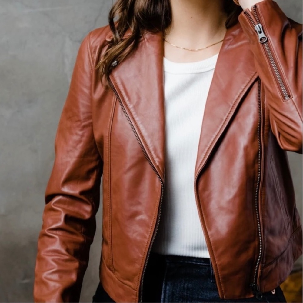 ABLE Maha Soft Lamb Leather Jacket XS in Whiskey Brown Cropped Moto Zipper Cuffs - Picture 3 of 16